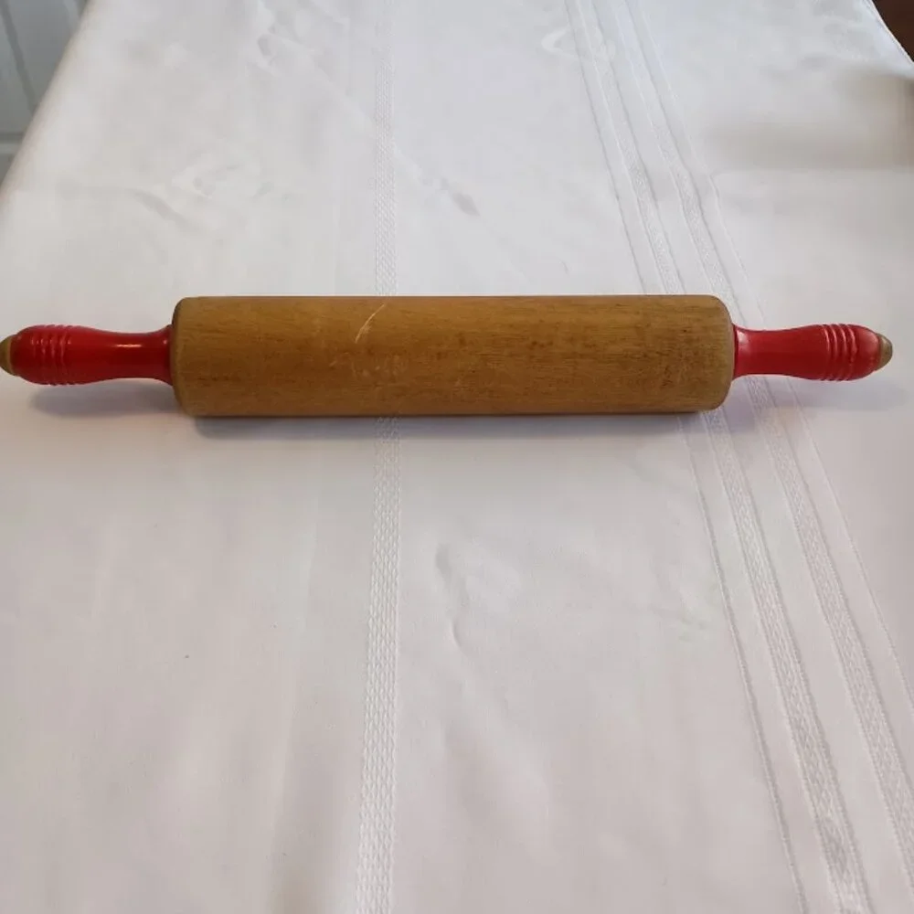 Vintage Wood Rolling Pin with Red Handles
